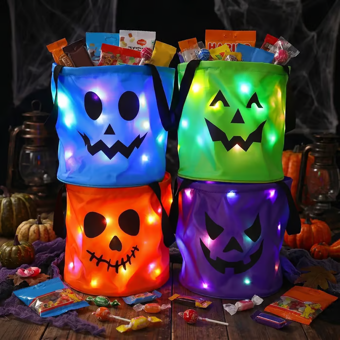 💥LAST DAY SALE 49% OFF💥 Halloween Candy Bucket with LED Lights Trick or Treat Bags for Kids and Adults Halloween Basket