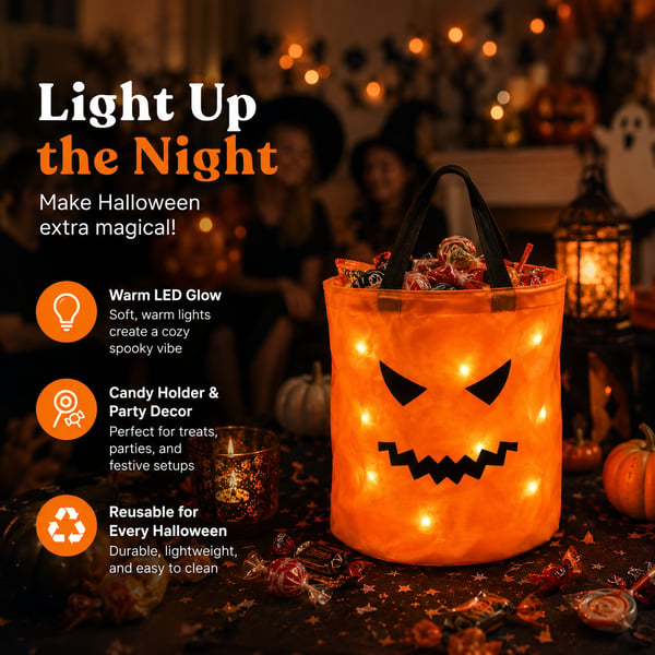 💥LAST DAY SALE 49% OFF💥 Halloween Candy Bucket with LED Lights Trick or Treat Bags for Kids and Adults Halloween Basket